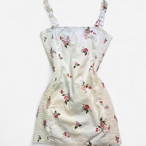 White Rose Pattern Floral Mini Dress with Adjustable Straps and Side Smocking